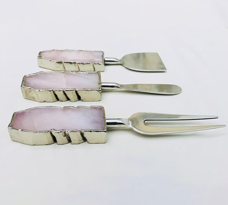 Rose Quartz Slab Cheese Board Set – close up of stone handles, electroformed edges