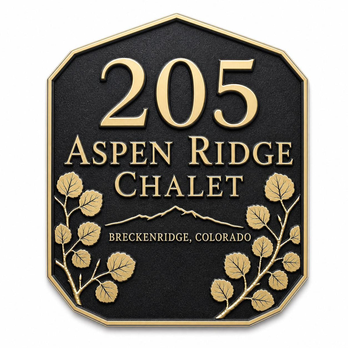 Aspen Leaf name plate with raised number, two name lines and a lower location line