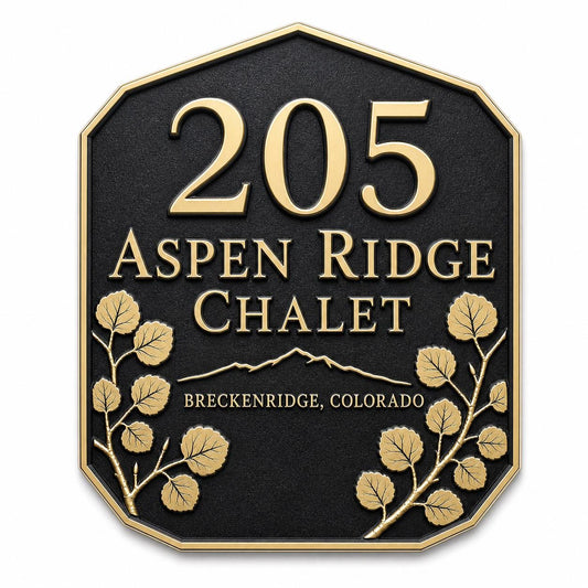 Aspen Leaf name plate with raised number, two name lines and a lower location line