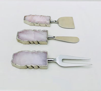 Rose Quartz Slab Cheese Board Set – gifting, natural stone cutlery India