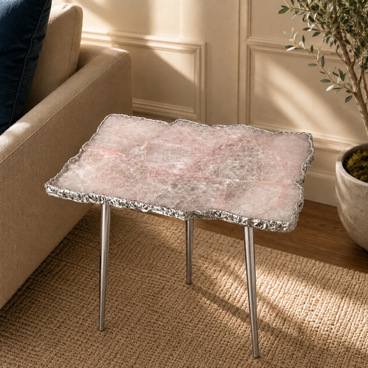 Rose Quartz Agate Organic Edge Side Table