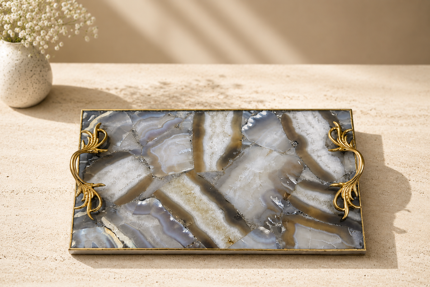 Wild agate rectangular serving tray — botanical leaf handles, antique brass finish