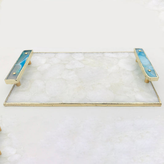 White Crystal Agate Plated Serving Tray With Blue Agate/Onyx Handles/Personalised Momentos/Sign Boards