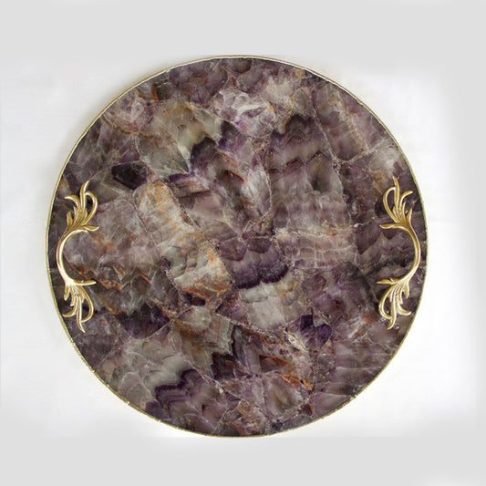 Amethyst Agate Serving Tray With Brass Handles | Circular