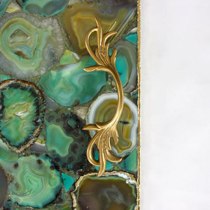 Light Green Agate Serving Tray With Brass Handles | Square