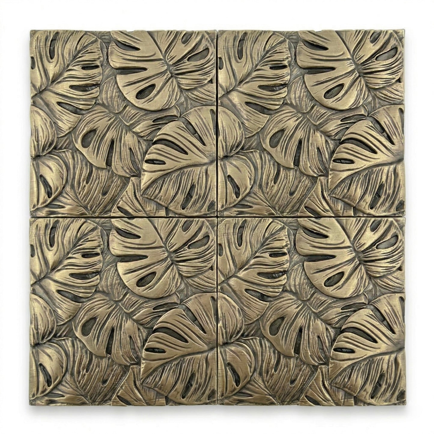 Set of 4 Tropical Leaf Brass Wall Tiles | Antique Brass Decorative Wall Panels | Handmade Wall Décor