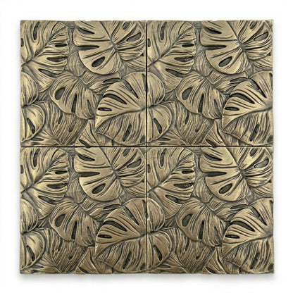 Set of 4 Tropical Leaf Brass Wall Tiles | Antique Brass Decorative Wall Panels | Handmade Wall Décor