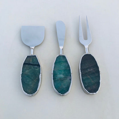Green Agate Oval Cheese Board Set – gifting, natural stone cutlery India