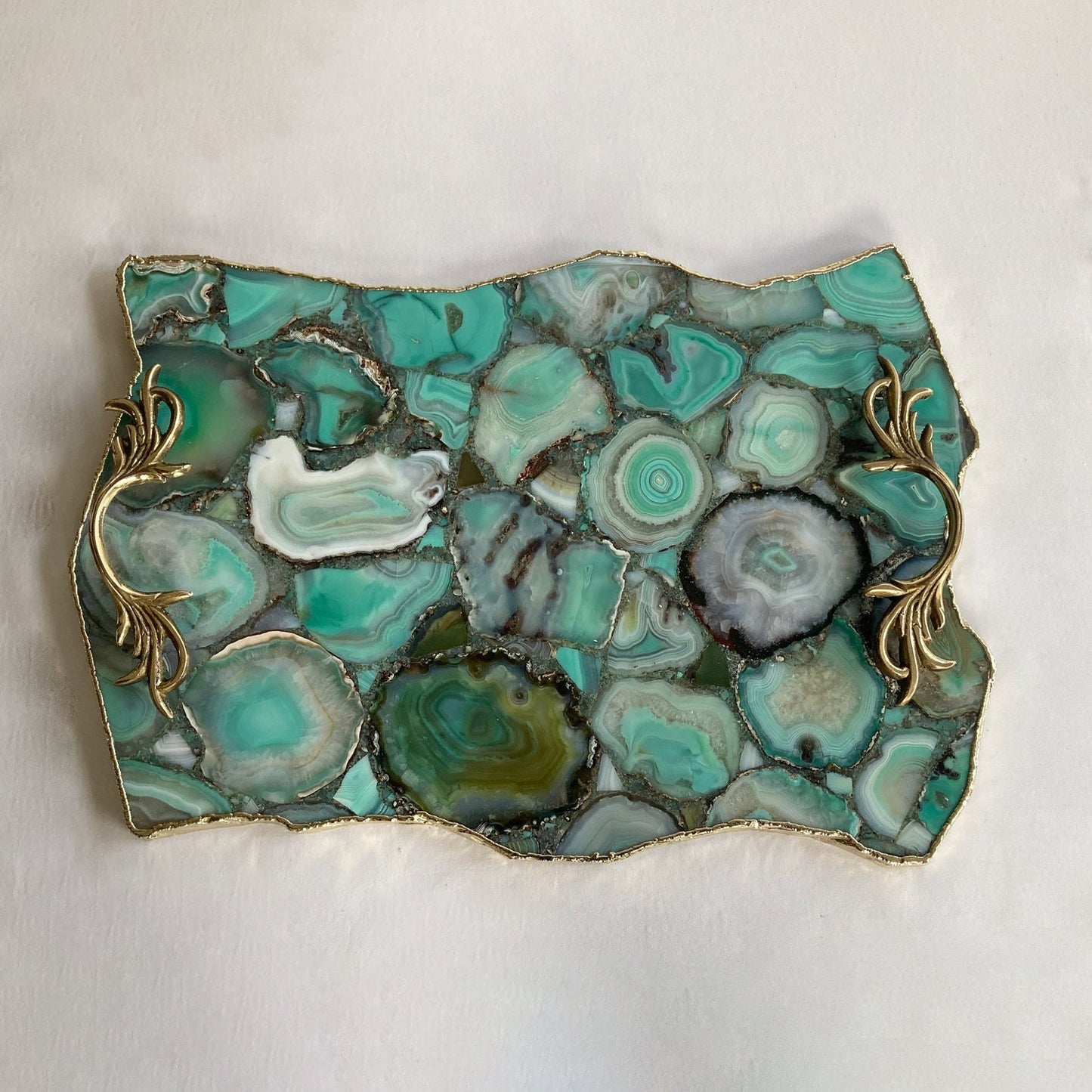 Large Green Agate Serving Tray with Brass Handles