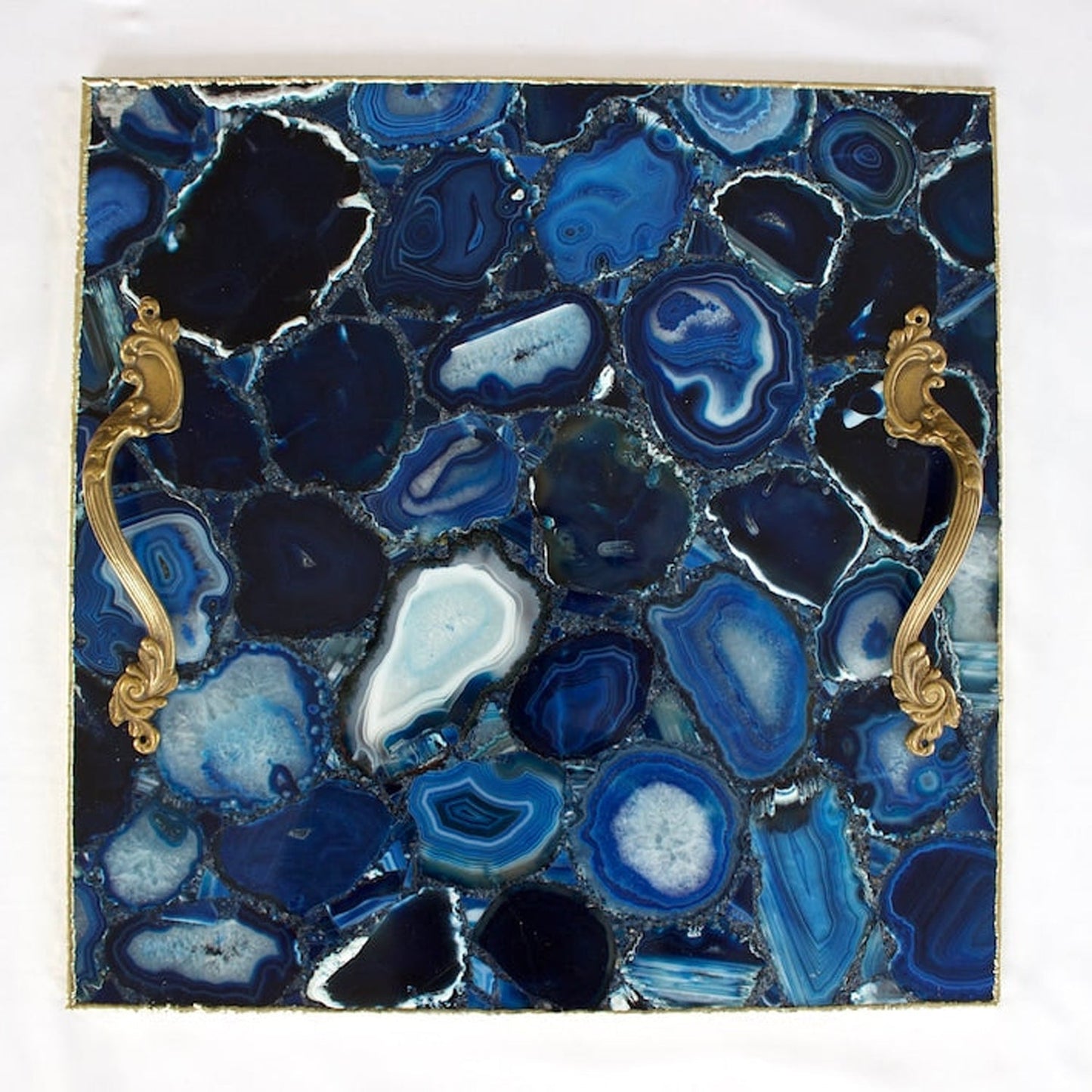 Blue Agate Serving Tray With Brass Handles | Square