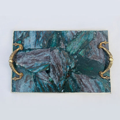 Green Aventurine Rectangular Tray with Royal Arch brass handles – deep teal-green fibrous stone, silver finish, India