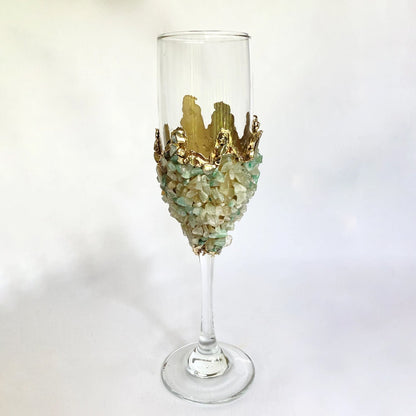 Set of 2 |Crystal Wine/Champagne Glasses with Gold Plated Light Green Agate/Quartz Semi-precious Crystals | 7 oz/215 ml