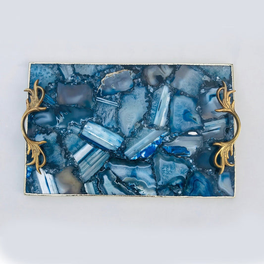 Blue Agate  Serving Tray With Brass Handles