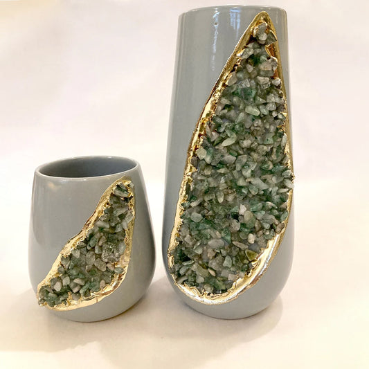 Grey and Gold Ceramic Vase/Planter/Pot/Wine Goblet/Mug with Light Green Semi-precious Agate Crystal Gemstones