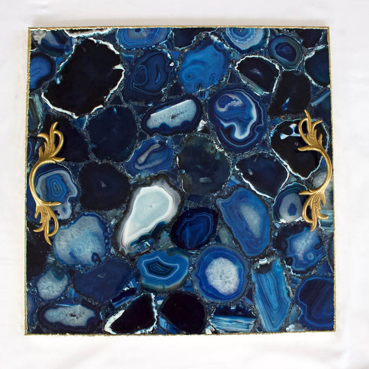 Blue Agate Square Serving Tray With Brass Handles | Square