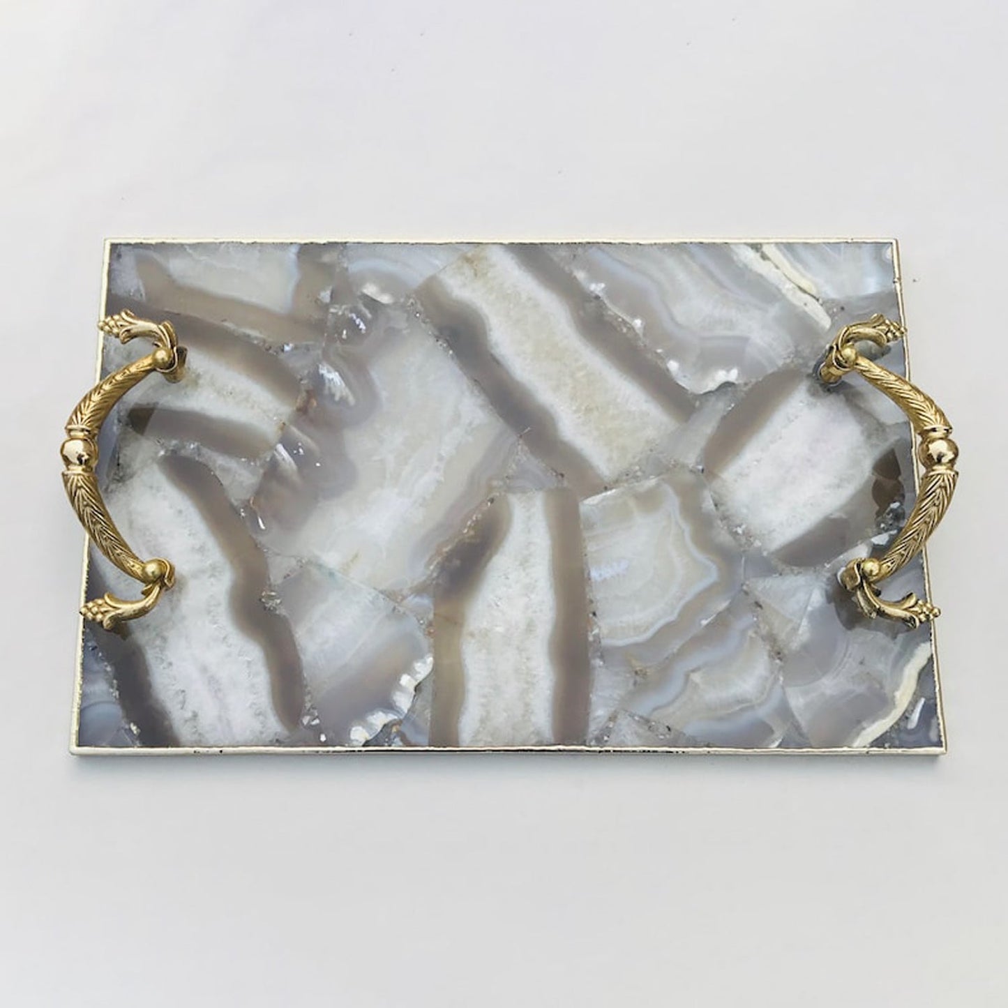 Wild Agate Rectangular Tray with Royal Arch brass handles – natural grey agate, gold finish, India