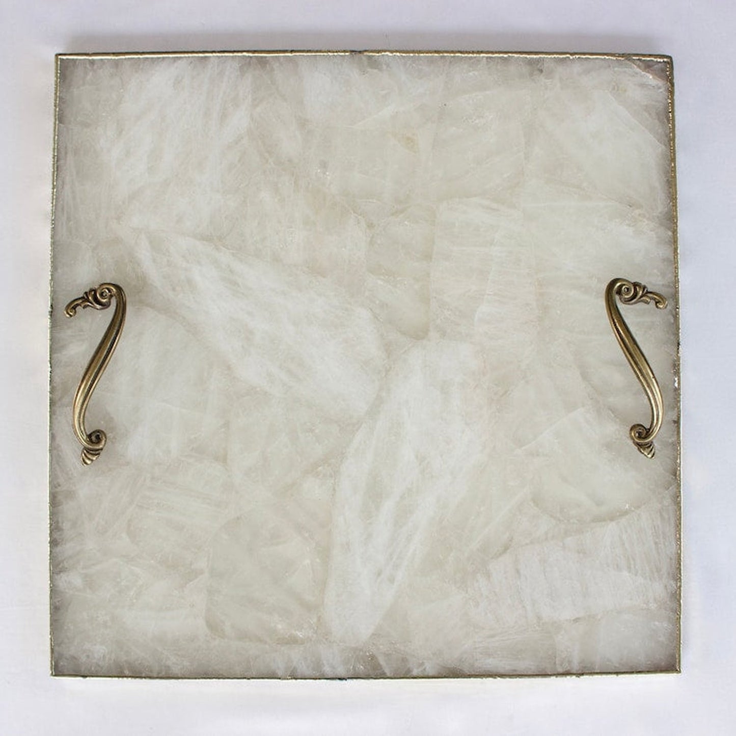 White Agate Serving Tray With Brass Handles | Square