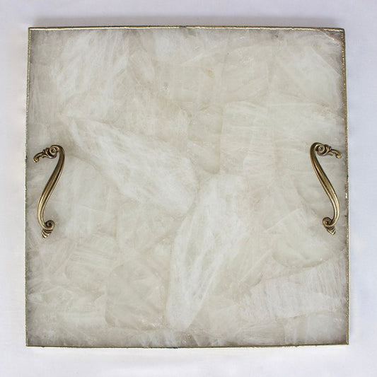 White Agate Serving Tray With Brass Handles | Square