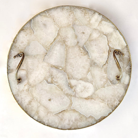 White Agate  Serving Tray With Brass Handles | Circular |