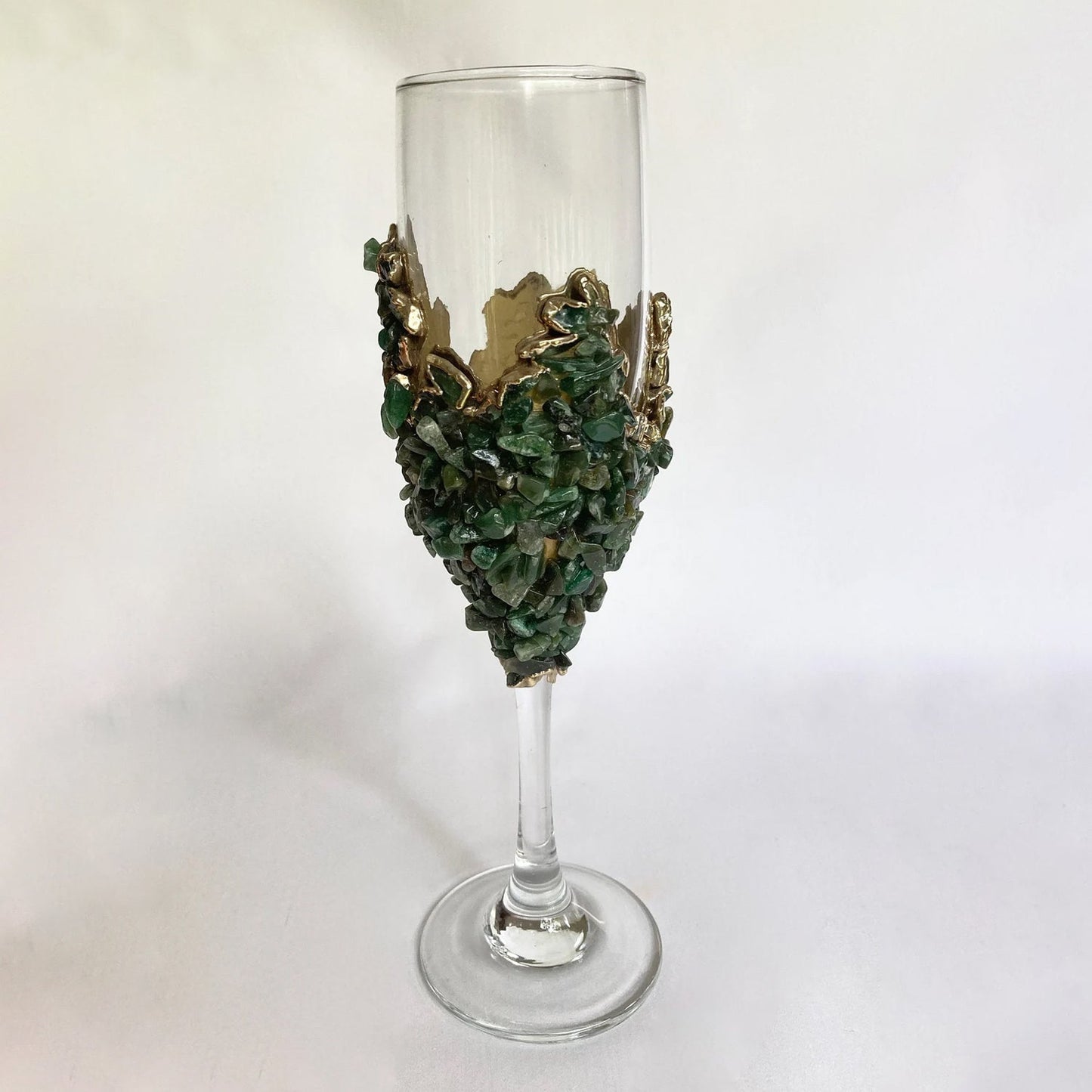 Set of 2 |Crystal Wine/Champagne Glasses with Gold Plated Dark Green Agate/Quartz Semi-precious Crystals | 7 oz/215 ml