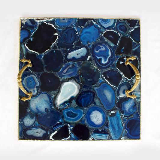 Blue Agate Serving Tray With Brass Handles | Square