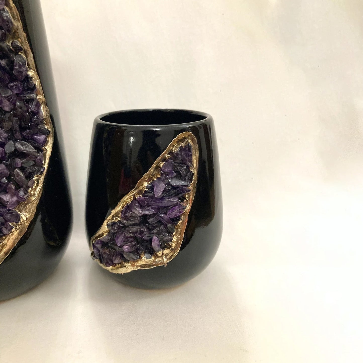 Black and Gold Ceramic Vase/Planter/Pot/Wine Goblet/Mug with Amethyst Semi-precious Agate Crystal Gemstones