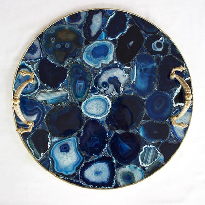 Blue Agate Serving Tray With Brass Handles | Circular
