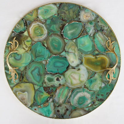 Green Agate Serving Tray With Brass Handles | Circular