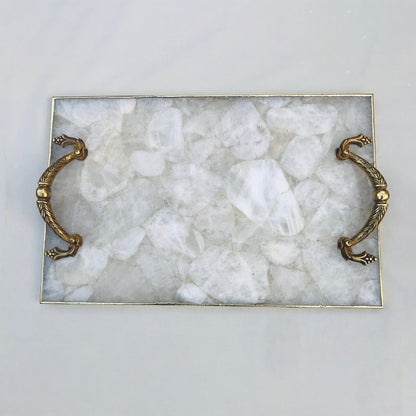 White Agate Serving Tray with Brass Handles