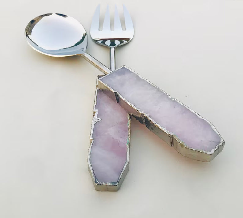 Rose Quartz Agate Salad Server - Set of 2