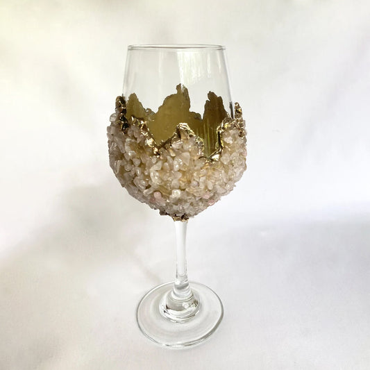 Set of 2 |Crystal Wine Glasses with Gold Plated Rose Quartz Agate/Quartz Semi-precious Crystals | 16 oz/465 ml