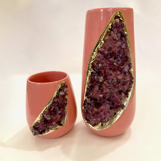 Pink and Gold Ceramic Vase/Planter/Pot/Wine Goblet/Mug with Purple Amethyst Semi-precious Agate Crystal Gemstones