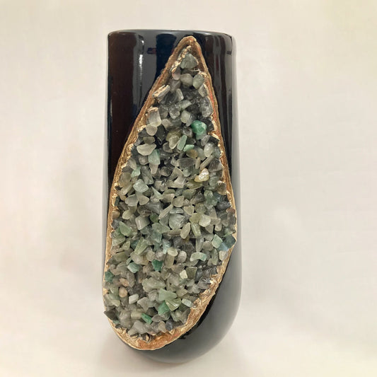 Black and Gold Ceramic Vase/Planter/Pot/Wine Goblet/Mug with Light Green Agate Semi-precious Agate Crystal Gemstones