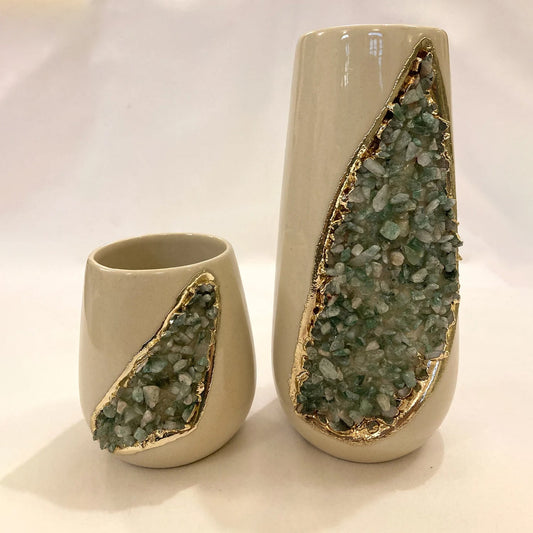 Cream and Gold Ceramic Vase/Planter/Pot/Wine Goblet/Mug with Light Green Semi-precious Agate Crystal Gemstones