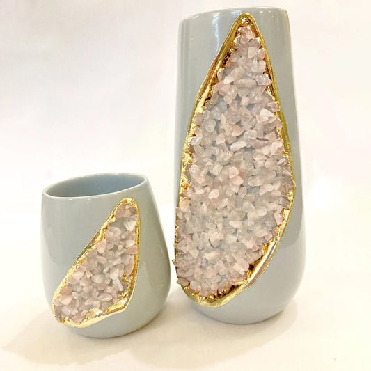 Grey and Gold Ceramic Vase/Planter/Pot/Wine Goblet/Mug with Rose Quartz Semi-precious Agate Crystal Gemstones