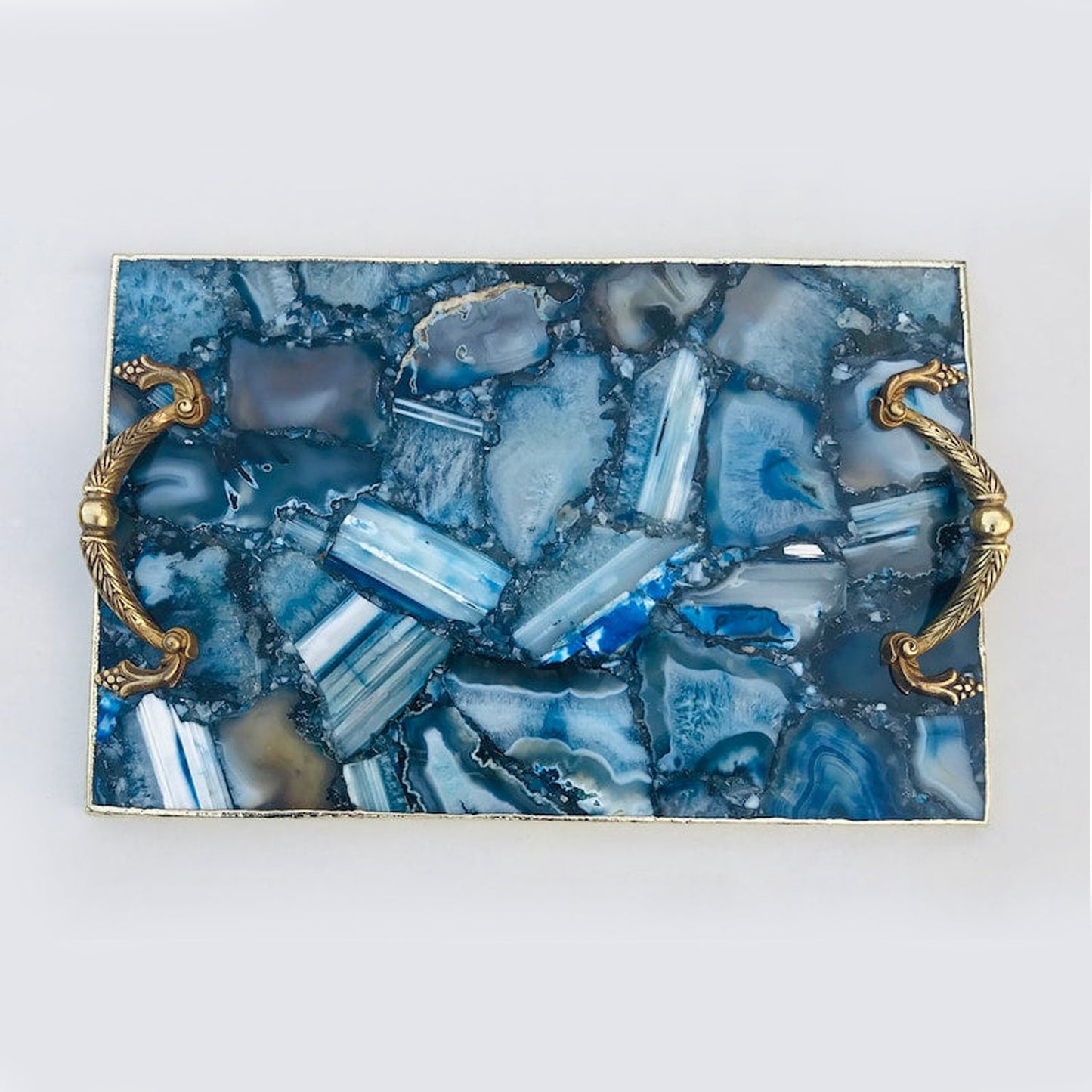 Blue Agate Rectangular Tray with Royal Arch brass handles – deep navy blue mosaic agate, India