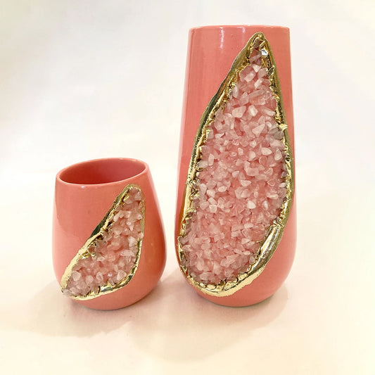 Pink and Gold Ceramic Vase/Planter/Pot/Wine Goblet/Mug with Rose Quartz Semi-precious Agate Crystal Gemstones