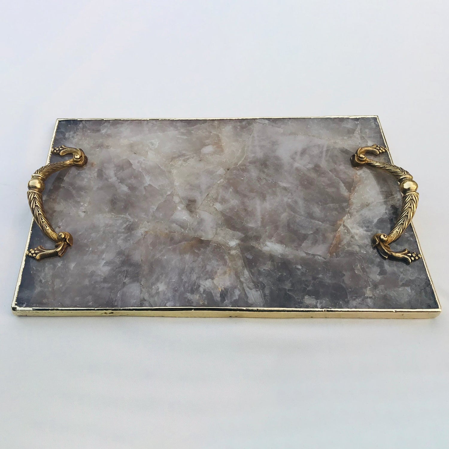 Smoky Quartz Agate Serving Tray — Royal Arch Handles