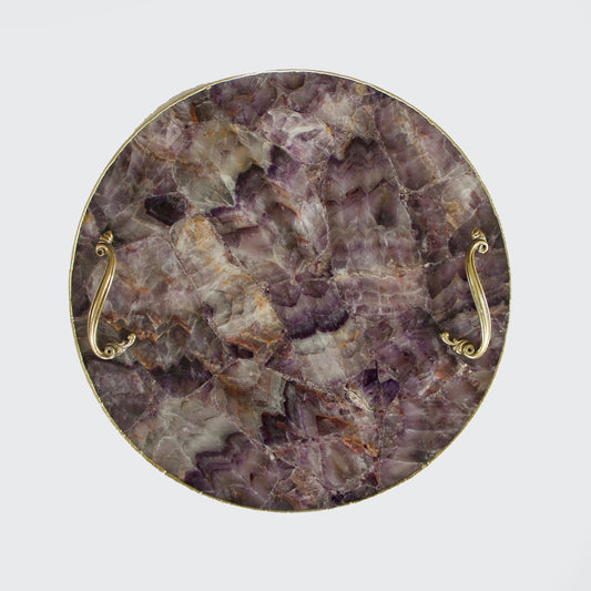 Amethyst Agate Serving Tray With Brass Handles | Circular