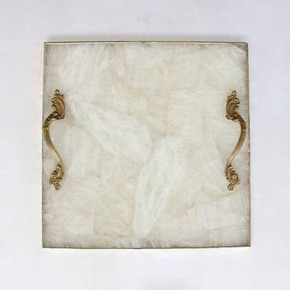 White Agate Serving Tray With Brass Handles | Square