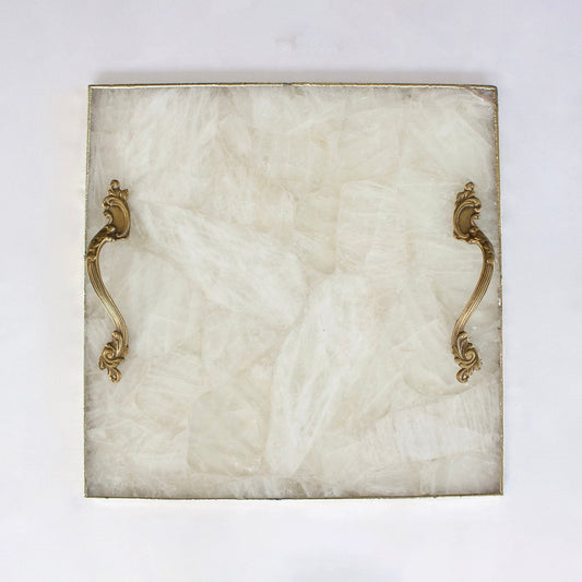 White Agate Serving Tray With Brass Handles | Square