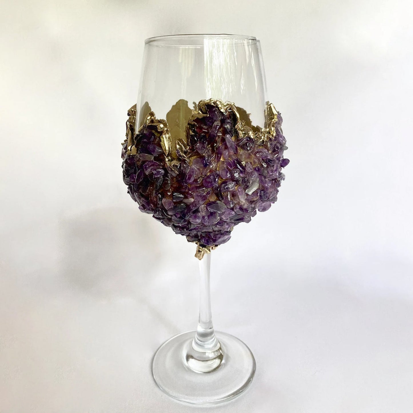 Amethyst Crystal Wine Glass – tall amethyst wine glass with gold rim, handcrafted India