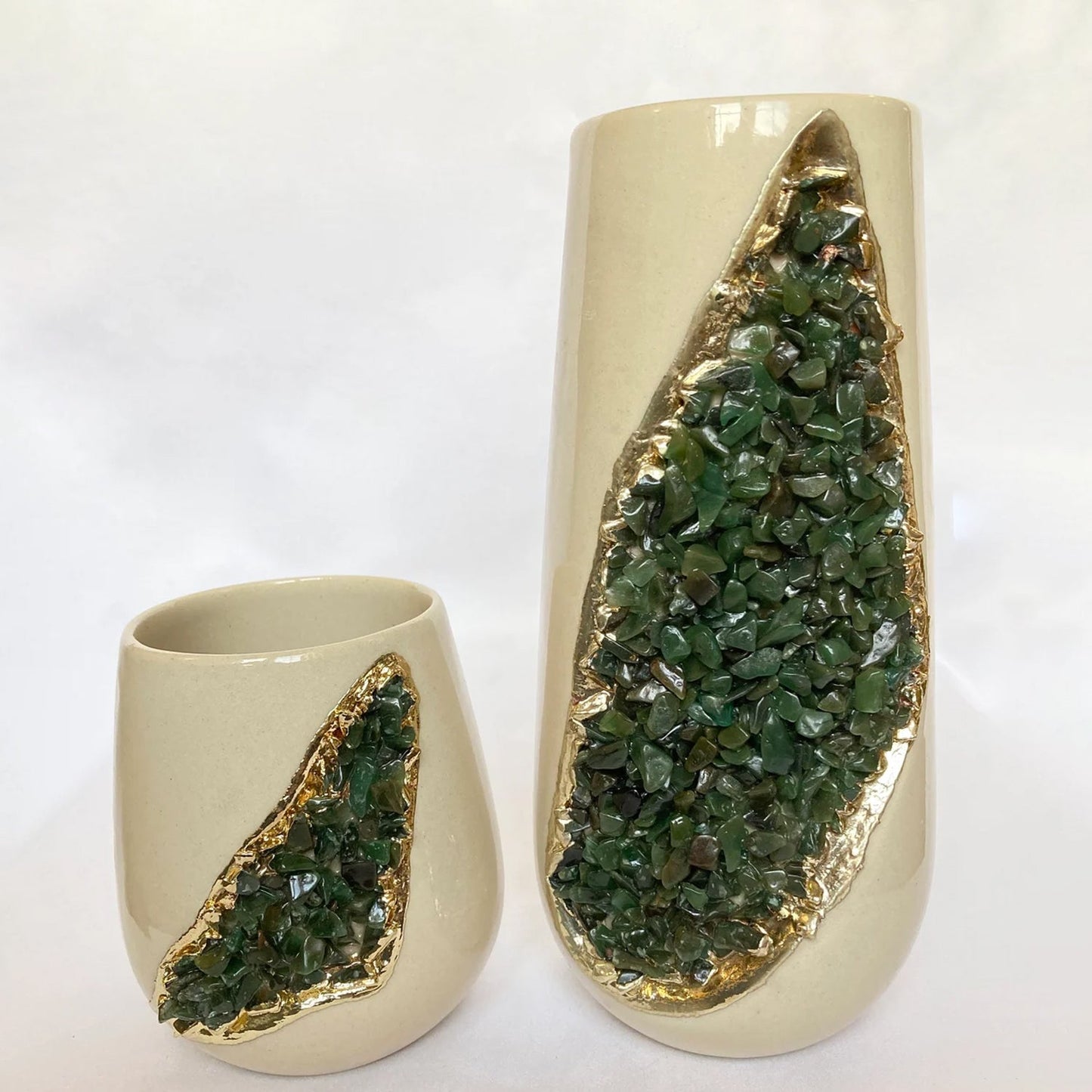 Cream and Gold Ceramic Vase/Planter/Pot/Wine Goblet/Mug with Green Semi-precious Agate Crystal Gemstones