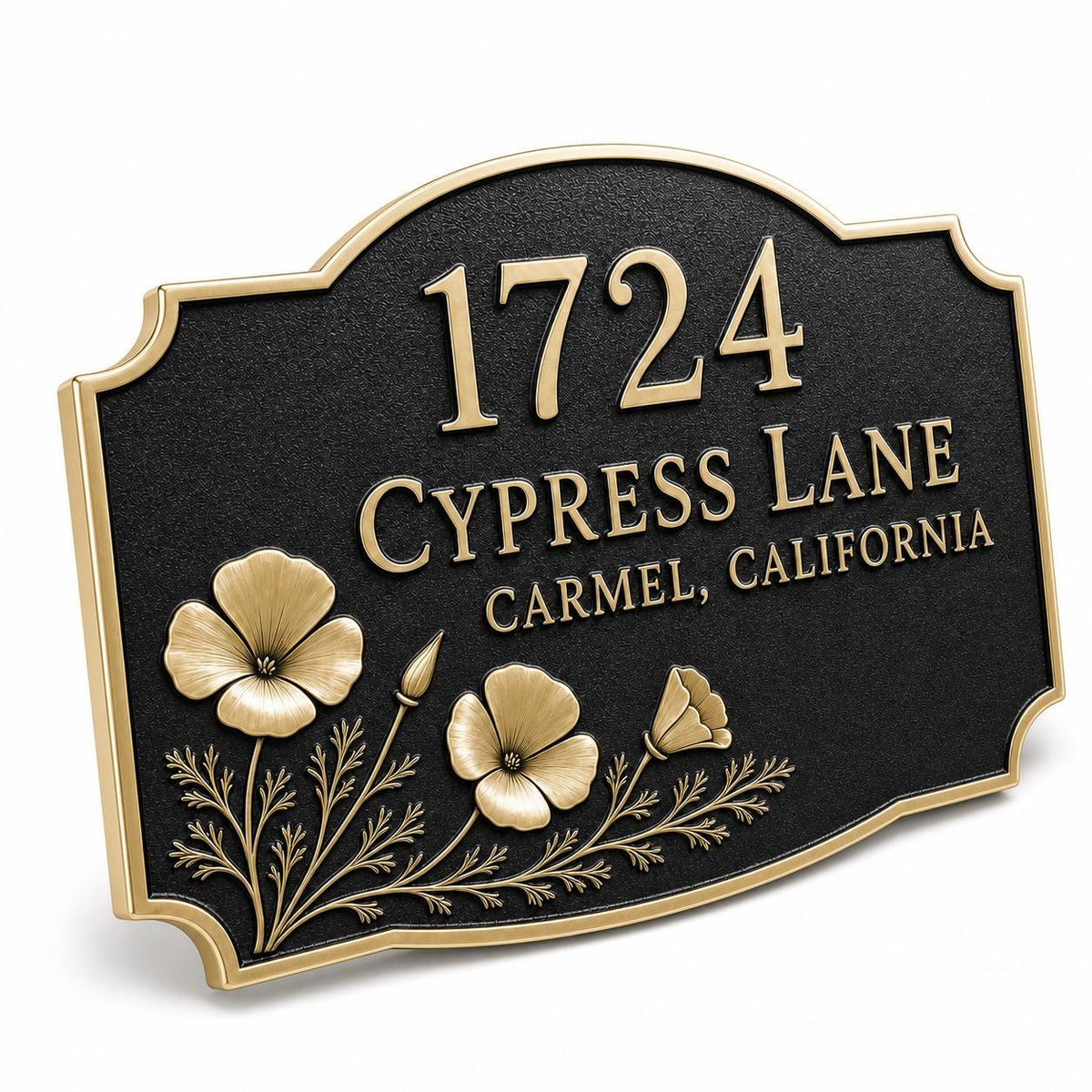 Angled Poppy name plate showing raised lettering and the floral border