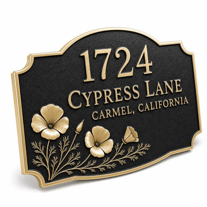 Angled Poppy name plate showing raised lettering and the floral border
