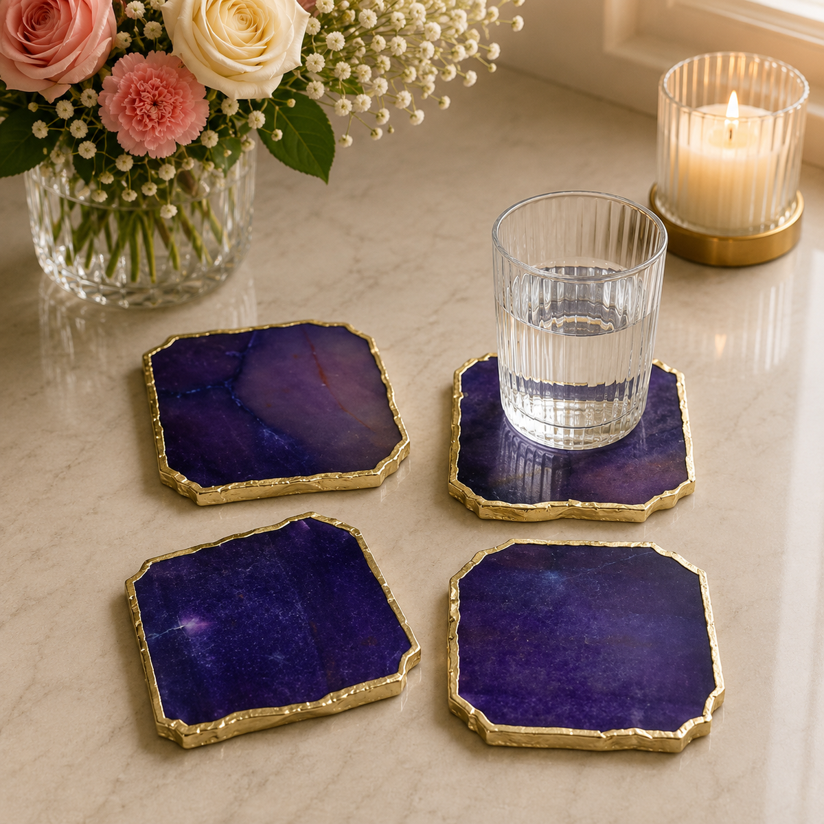 Indigo agate organic edge coasters, set of 4 with gold, silver and rose gold finish options