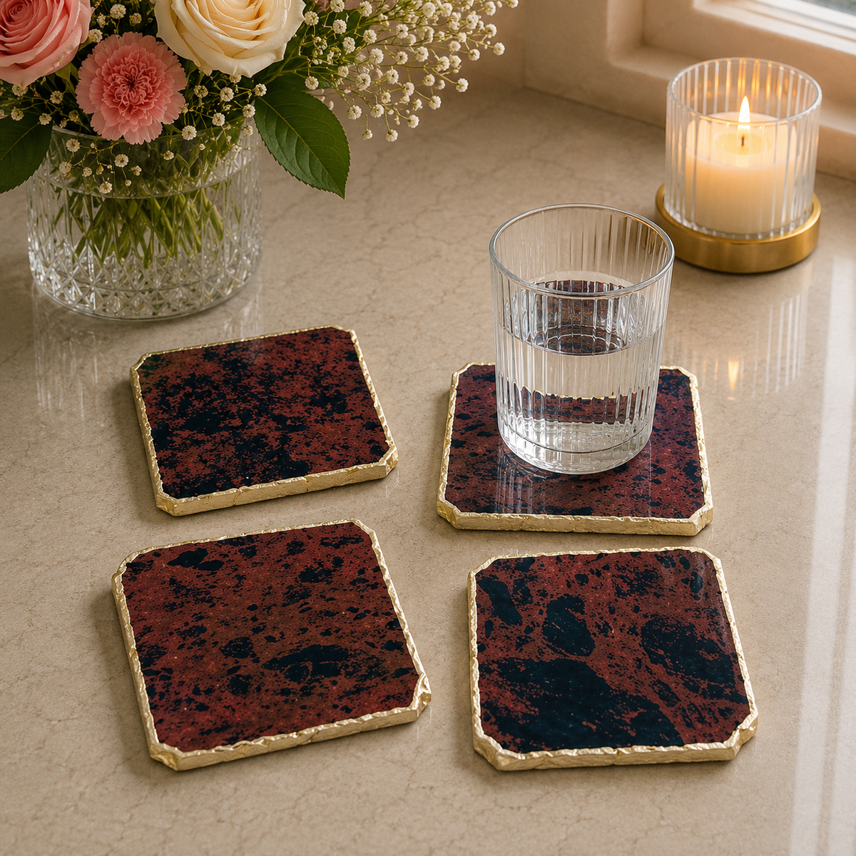 Mahogany glass organic edge coasters, set of 4 with gold, silver and rose gold finish options