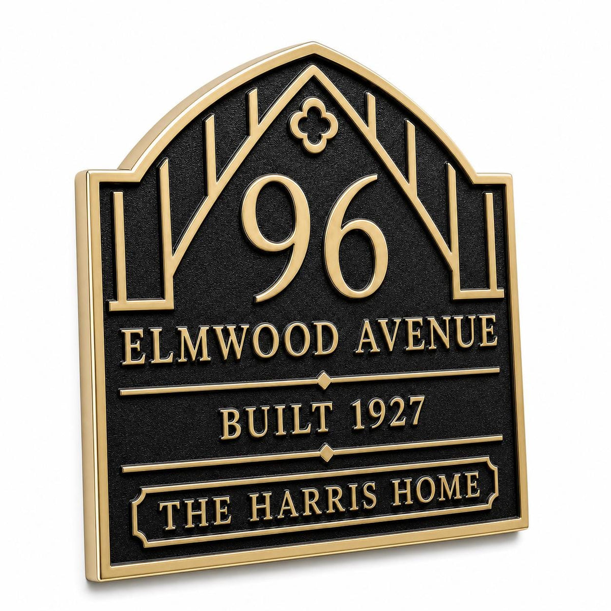 Craftsman Arch plaque, angled view showing the pointed arch and raised wording