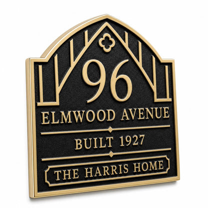 Craftsman Arch plaque, angled view showing the pointed arch and raised wording