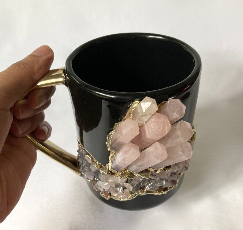 Set of 2 |Black and Gold Ceramic Big Coffee/Tea/Juice/Beverage Mug with Rose Quartz Semi-precious Agate Crystal | 12 oz/355 ml